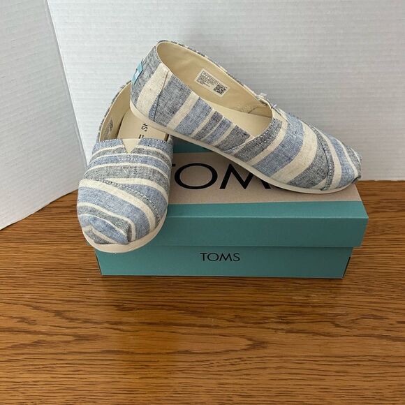 Womens TOMS Alpargata Blue Multi Wide Stripe Canvas Slip On Flat Shoes Size 7 - Picture 1 of 9